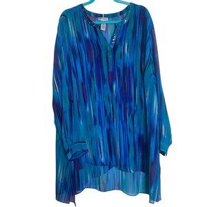 Catherines Tunic Top Womens 3X 26/28W Blue Striped Sequin Beaded Plus Size Semi